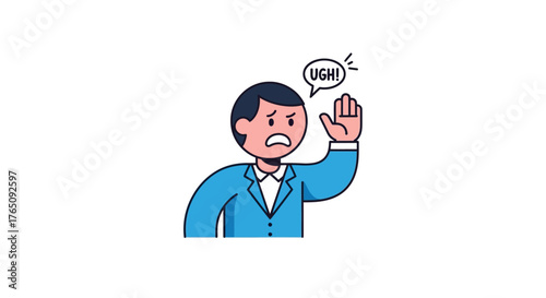 Man expressing disapproval with hand up and 'ugh' bubble, isolated illustration