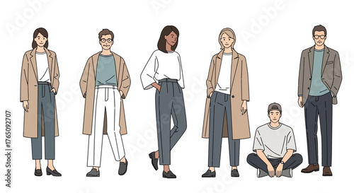 A group of diverse people posing in stylish casual wear on white backdrop