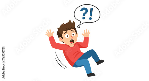 Cartoon Illustration of Confused Boy Slipping and Questioning Situation