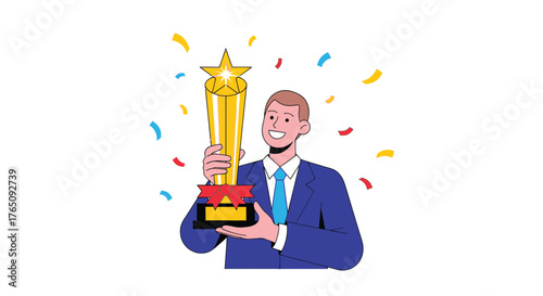 Illustration celebrating success: Man holding a golden trophy with confetti