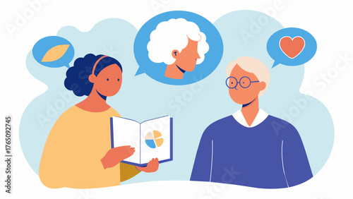 A person with early signs of cognitive decline working with a the to create a memory book preserving important memories and promoting brain health through stimulating activities.. Vector illustration