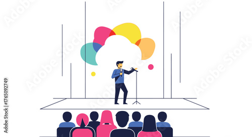 Captivating presentation with vibrant visuals, a speaker and audience