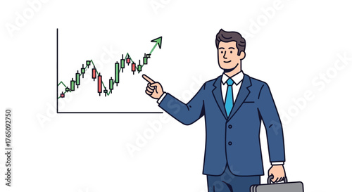 Illustrative businessman pointing at a positive stock market trend graph