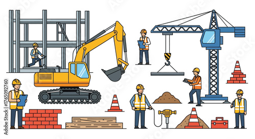 Construction site equipment and workers illustration for architectural projects
