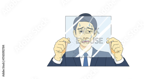 Stressed Businessman Holding A Weak Excuse Sign, Facing Difficulties