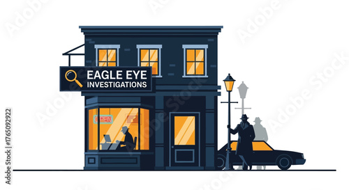Eagle Eye Investigations office with a private investigator at work, vector illustration