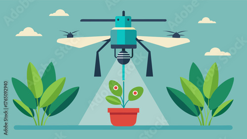 A drone equipped with a robotic arm can physically remove harmful insects from plants leaving beneficial ones unharmed. This od is highly targeted and can be applied to both. Vector illustration