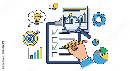 Analyzing data with clipboard and magnifying glass, business strategy planning