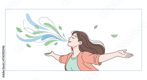 Illustration of a serene woman breathing in nature's essence with open arms