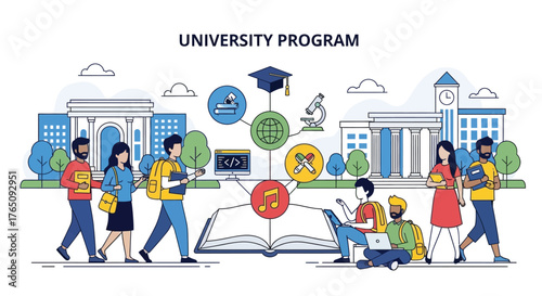Students pursuing higher education at a university campus for future careers