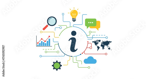 Information hub illustration with global data and analytics concept
