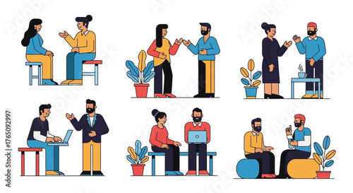 Diverse people meeting and collaborating in various work scenarios illustration