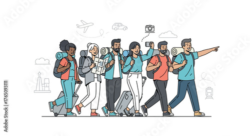 Multicultural Friends with Suitcases and Backpacks Enjoying a Group Trip