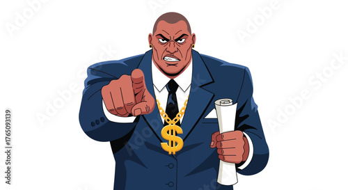 Furious businessman character pointing directly forward with demands isolated