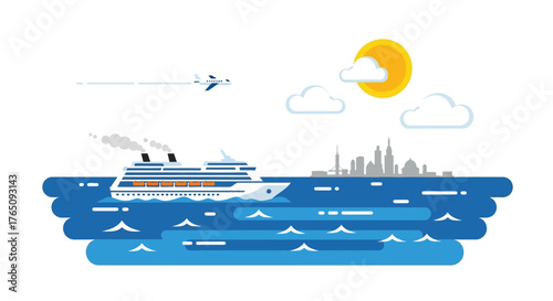 Vibrant Cruise Ship Voyage with Cityscape and Airplane Flat Illustration