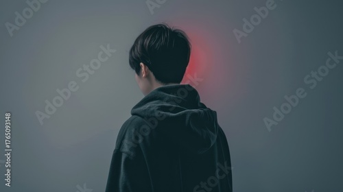 Young Man Wearing Dark Hoodie Standing in Dim Gray Environment with Red Light Behind Head