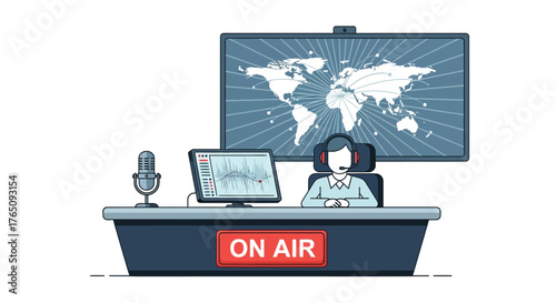 News Anchor broadcasting live in a studio with world map background