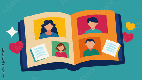 A memory book filled with photos and personal messages from friends and family gifted to a person on their birthday or special occasion bringing them joy and happiness.. Vector illustration