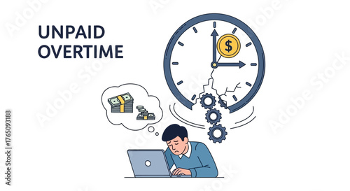 Stressed worker thinking about money due to unpaid overtime working hours