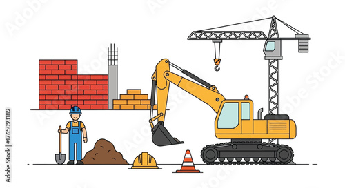 Construction site with worker excavator and crane flat design vector