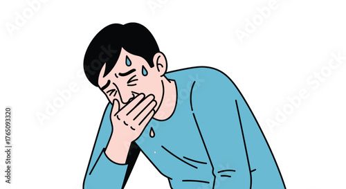 Distressed man illustration expressing nausea with hand over mouth