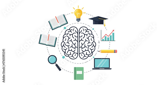 Brain with learning symbols represents education and development concept