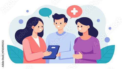 A couple meets with a fertility spet to create a personalized care plan for starting a family. They discuss medical options such as IVF and lifestyle changes to improve fertility.. Vector illustration