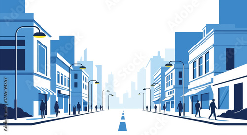 Cityscape view of a street, urban environment in shades of blue and white