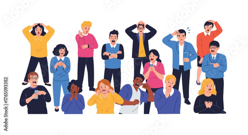 Diverse group expressing fearfulness, anxiety, and panic in reaction to news
