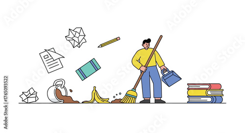 Man Cleaning Up Spilled Coffee and Mess with Broom in a Home Scene