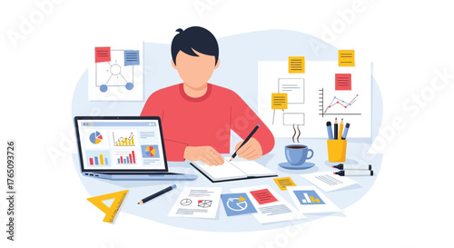 Analyzing data charts and graphs at office desk, reviewing business reports