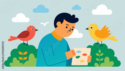A person with ADHD using a naturebased game to practice focus and exeive functioning skills such as counting the different types of birds they see on a nature walk.. Vector illustration