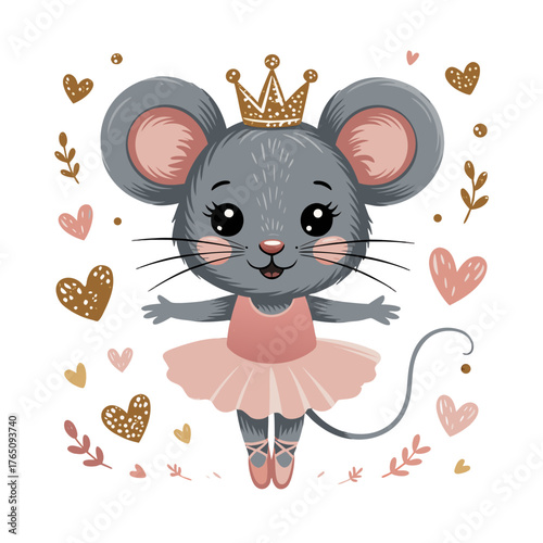 Cutei vector illustration of a cute mouse ballerina
with crown gold glitter elements