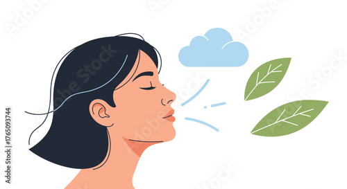 Woman experiencing fresh air with leaves and cloud illustration concept