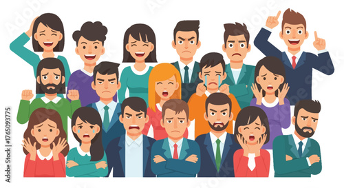 Diverse group with varied emotional expressions from joy to frustration