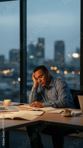 Exhausted middle-aged man, possibly Hispanic or mixed-race, working late at night in a modern office, feeling overwhelmed and stressed with city lights visible outside the window.