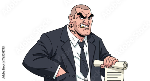 Threatening cartoon executive with tattoos holding a document scroll