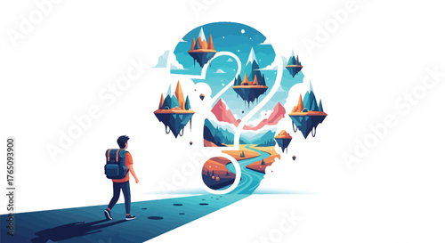 Man faces uncertain path: fantastical landscapes within a question mark