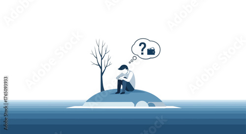 Isolated and anxious man contemplating financial uncertainty on a lonely island
