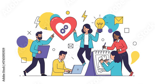 Teamwork innovation, collaborative spirit, creative thinking within startup