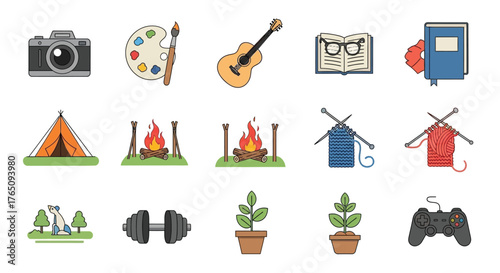 Various hobby and recreation vector icons arranged on a white background
