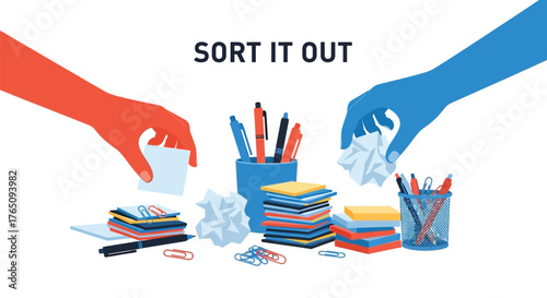 Organization chaos concept representing cluttered desk with vibrant stationery