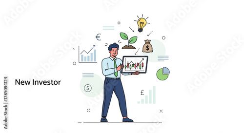 Investor analyzing financial growth with charts and market investment
