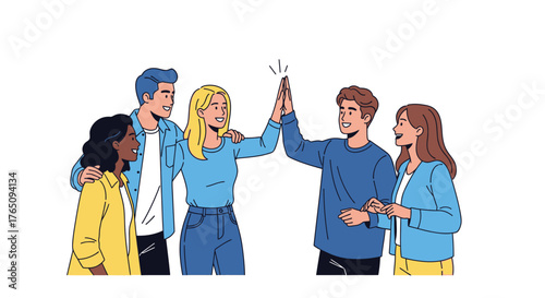 Diverse Group Celebrates Success with a High-Five, Displaying Teamwork