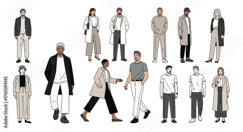 Diverse group of fashionably dressed individuals illustration in neutral tones