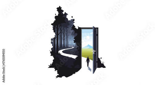 A person stepping through a door from darkness into a bright landscape