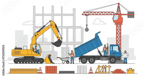 Detailed Construction Site Scene with Heavy Machinery and Workers Illustration