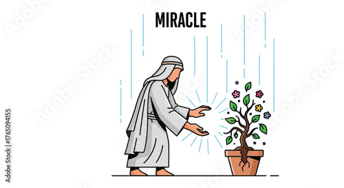 Concept illustration showing a miracle and plant blossoming in pot