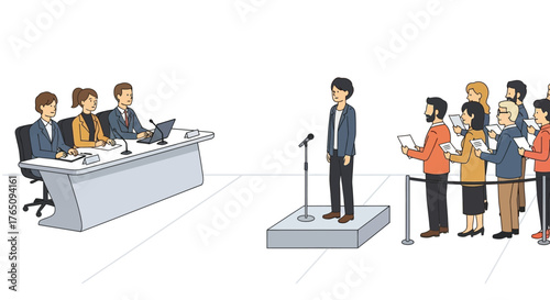 Artist Audition with Panel Judges and Spectators in Illustration Style