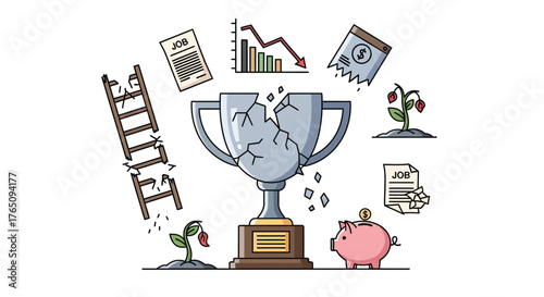 Economic Downturn and Career Setbacks concept with Broken Trophy Symbol